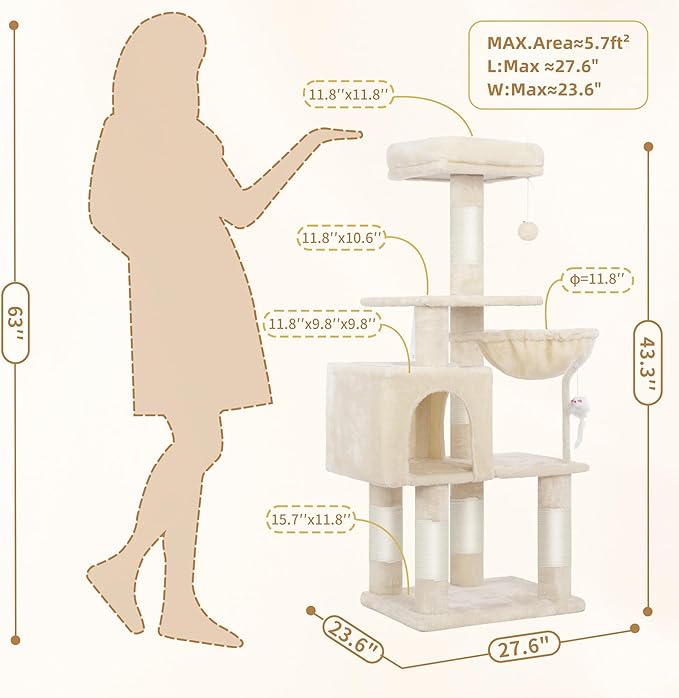 Heybly Cat Tree with Toy, 43.3 inch Cat Tower for Indoor Cats HCT004SM | Cat Condo with Durable Sisal Scratching Posts, Cat House with Padded Plush Perch, Cozy Hammock, Beige - Image 5