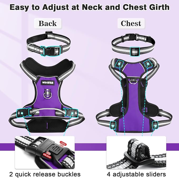 Dog Harness No Pull, Pet Harnesses with Dog Collar, Adjustable Reflective Oxford Outdoor Vest, Front/Back Leash Clips for Small, Medium, Large, Extra Large Dogs, Easy Control Handle for Walking - Image 4