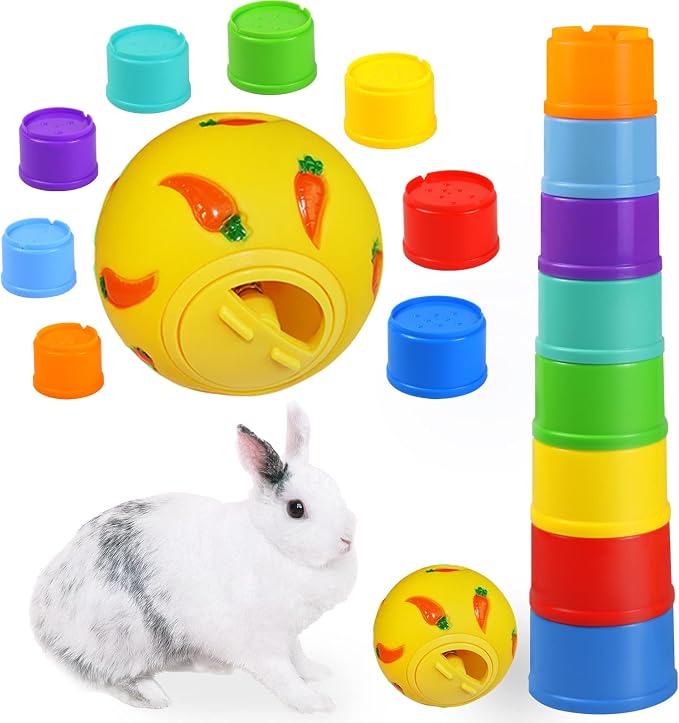 9 Pack Rabbit Stacking Cups and Bunny Treats Balls, with Multi Colored Plastic Bunny Stacking Cups Rabbit Toys, for Guinea Pigs Bunnies Hedgehogs Small Animals Hiding Food and Playing by QTYWACYQ