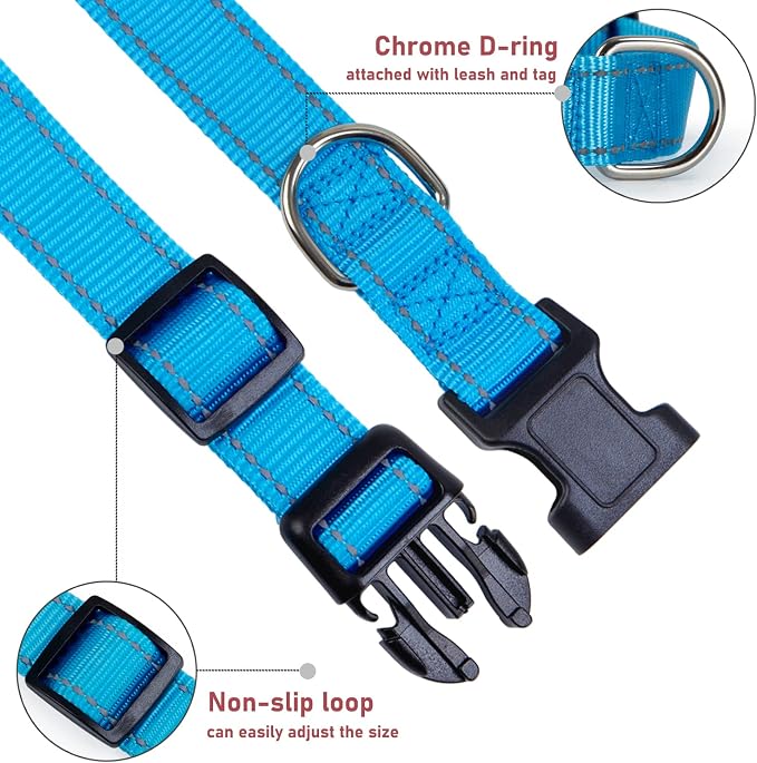 Reflective Dog Collar with Buckle Adjustable Safety Nylon Collars for Small Medium Large Dogs, Blue XL | Breathable, No Chafing on Walks and Outdoor Hikes, Metal D-Ring, Night Safety - Image 3
