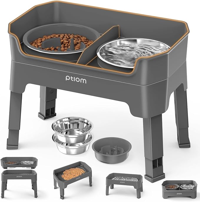 4-in-1 Elevated Slow Feeder Dog Bowls, 4 Height Adjustable Mess Proof Raised Dog Bowl Stand with Licking Plate, 2 Stainless Steel Dog Food Bowl & Slow Feeder for Large Medium Small Dogs Pets by KPWACD