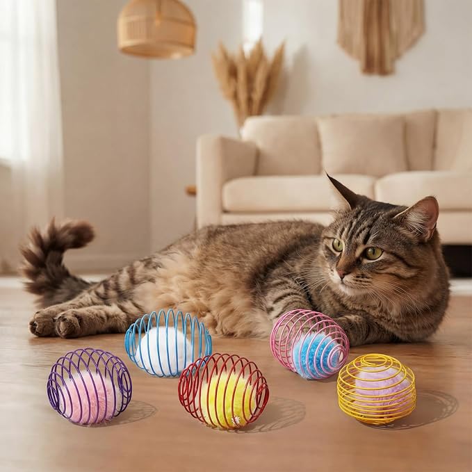 Jecery 5 Pcs Cat Toys Spring,Pom-pom with Bell,Multicolor | Interactive Metal Cat Toy, Stretchable Rolling Ball, for Indoor Cats, Colorful Playful Coils, Kitten Pet Supplies - Image 7