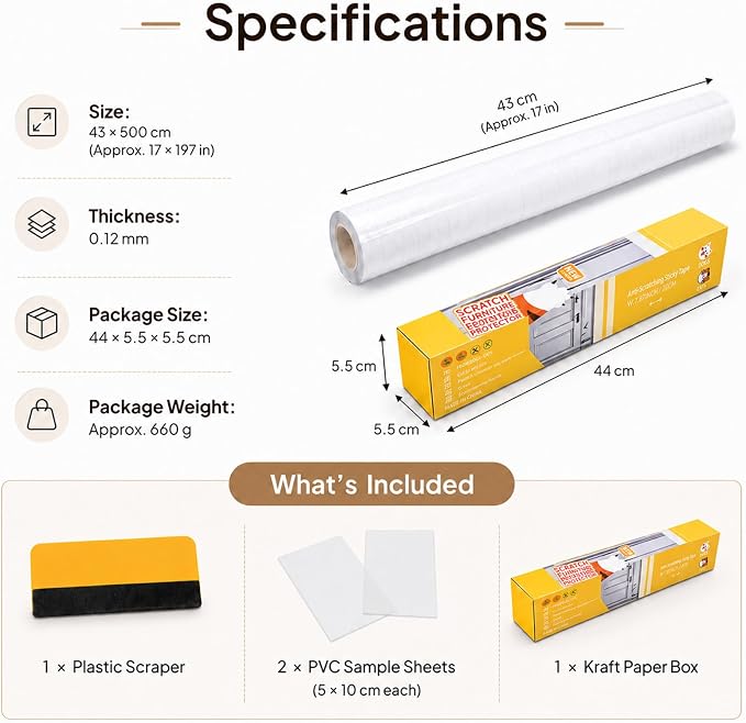 Cat Scratch Furniture Protector, 17 x 200 Inch Clear PVC Roll | 0.12 mm self-adhesive PVC with 2 test patches and a felt-edge squeegee for compatible smooth furniture surfaces - Image 3