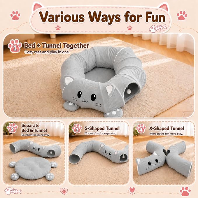 Cat Tunnel Bed with 21 Interactive Toys | Kitten Bed with Collapsible Tunnel for Indoor Cats, Cute Play Tube with Enrichment Toys (Grey, Kitten Pattern) - Image 2
