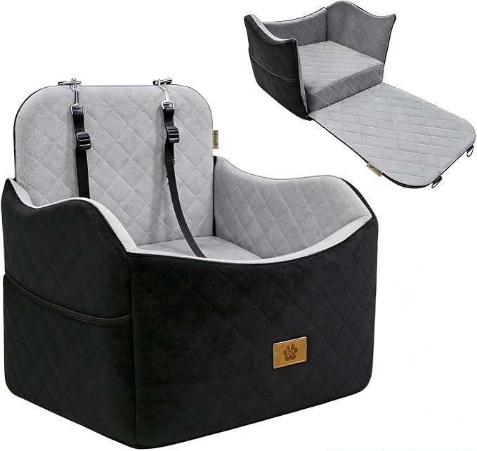 Dog Car Seat for Small Dogs Up to 35 lbs, Dog Bed for Car Fits Home Outdoor | 2-in-1 Design, Dog Car Bed Fits Car Seat and home, Safety Leashes, Easy Install, Anti-Slip, Storage Pockets, Detachable Cover by Ishineon