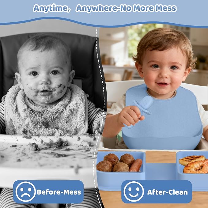 Blue Silicone Foldable Feeding Set, Travel Baby Feeding Supplies Including Toddler Plates, Silicone Baby Spoon&Fork, Adjustable Foldable Bib, Portable Infant Toddler Utensils - Image 5