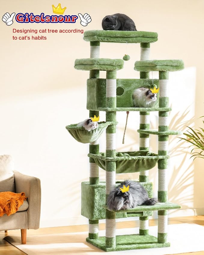 Cat Tree, 74" Tower for Large Cats, Big Condo Hammock CCT030GR | Heavy duty, 3 Big Platforms, 2 Baskets, 2 Condos, Multi-Level Scratching Posts, Indoor Cats Large Adult 20 lbs+, Green - Image 2