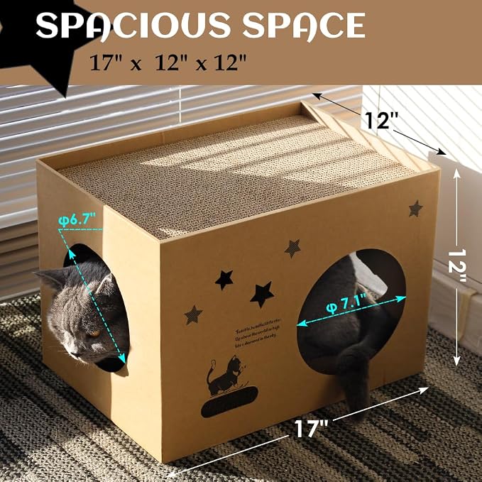 Cat Cardboard House with 2 PCS Scratching Pads，Large Cat Scratcher Bed Cat Scratchers Lounge for Indoor Cats with Corrugated Board Detachable Cat Scratcher Box for Cats(Star) - Image 5
