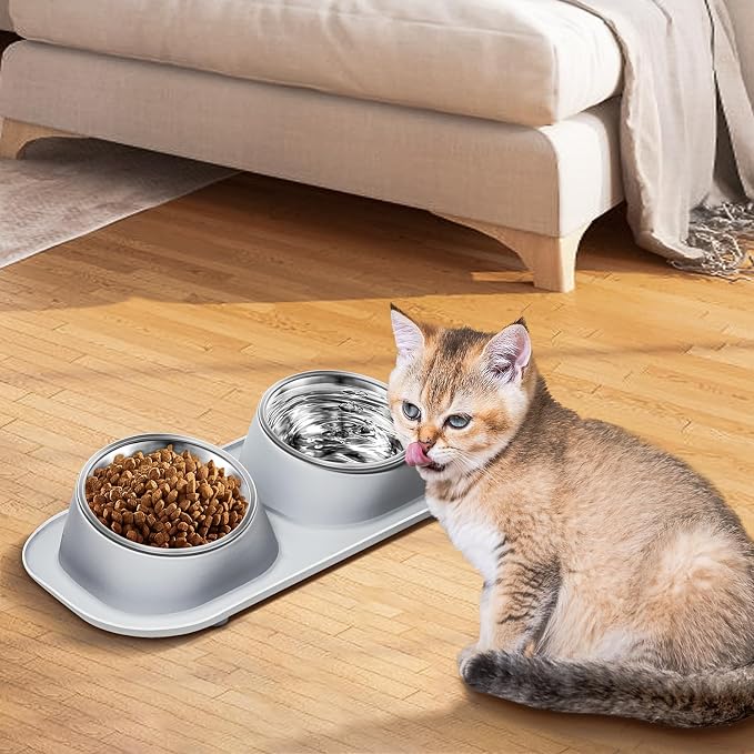Ant Away Stainless Steel Elevated Cat Bowls with Stand - Tilted Anti Vomiting, Double Food and Water Bowl Set (Grey, 16 Oz) - Image 6