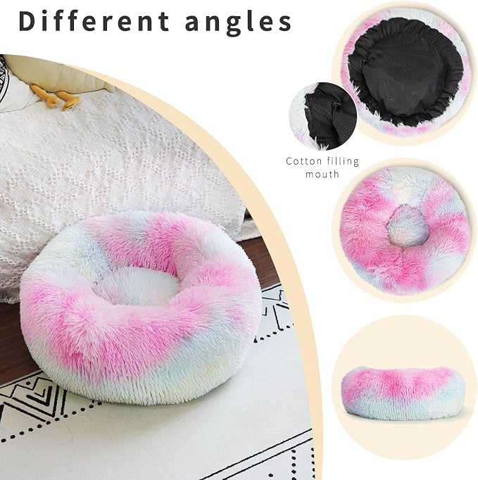 nononfish Calming Donut Beds for Small Dog Washable, 19 Inch Fluffy Round for Puppies, Cats & Toy Breeds with Raised Rim, Fits up to 15 lbs Pets, Multi Colored - Image 3