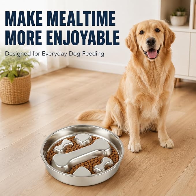 304 Stainless Steel Slow Feeder Dog Bowl, Double-Sided Anti-Gulping Puzzle Bowl, Bone Design, Dishwasher Safe, for Medium Large Dogs - Image 9