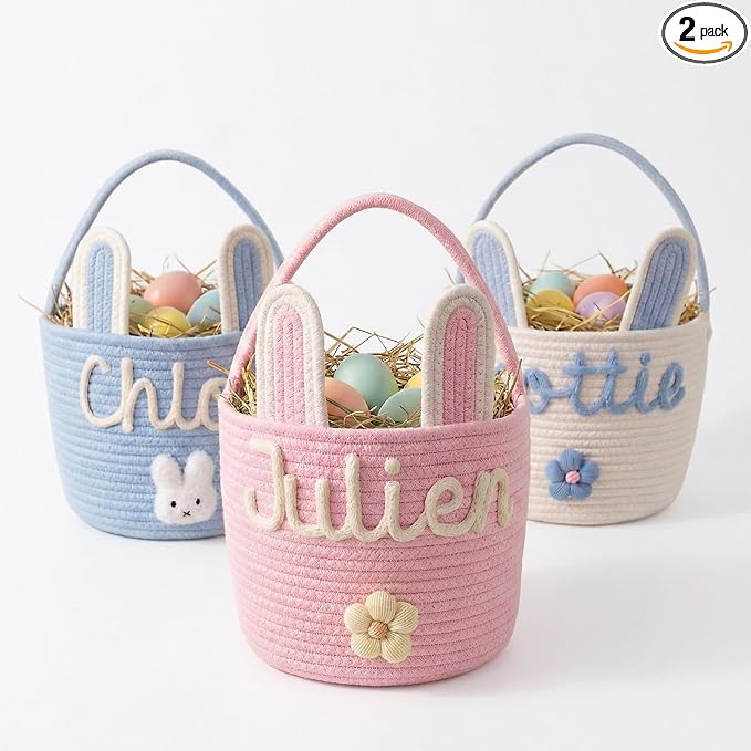 MBBEST Personalized Easter Bunny Basket - Custom 3D Name Cotton Rope Easter Bucket with Cute Ears & Plush Charm, Hand-Woven Easter Egg Hunt Bag, Unique Gift Storage for Kids Toddlers Boys Girls by MBBEST