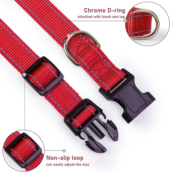 Reflective Dog Collar, Puppy Collar with Buckle Adjustable, Red XS | Breathable Nylon Collars for Small Medium Large Dogs, No Chafing on Walks and Outdoor Hikes, Metal D-Ring, Night Safety - Image 3