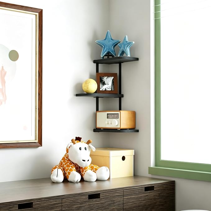 Love-KANKEI Corner Wall Shelf 3 Tier,Solid Wood with Bracket,17" Tall,Black | Floating Wall Shelves,Easy to Install,Capacity 26 Lbs,For Bedroom Living Room Bathroom Kitchen Office Display,Wall Decor - Image 4