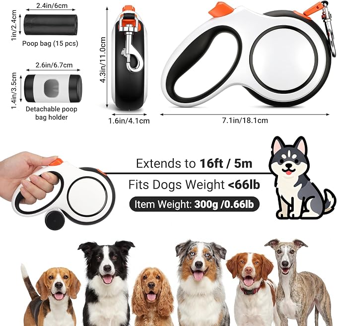 Segarty 16 Ft 360°Tangle-Free Leash with Detachable Waste Bag Holder, Retractable Dog Lead for Pet up to 66 Lbs, 5m White Walking Leash with Anti-Slip Handle & One-Handed Brake Pause Lock for Outdoors - Image 2