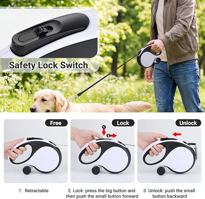Segarty 26 Ft Walking Leash with Poop Bag Holder for Dogs Weighing 66 lbs - 110 lbs, 8m Retractable Heavy-Duty Leash 360°Tangle-Free with Anti-Slip Handle One-Handed Brake Pause Lock for Pet Outside - Image 4