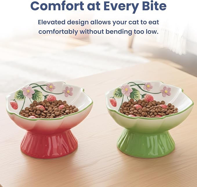 Strawberry Blooms Elevated Ceramic Cat Bowl, Green | Raised Cat Food Bowl with 15° Tilt, Whisker-Friendly Pet Feeding Bowl, Anti-Choking Dish, Dishwasher Safe - Image 6