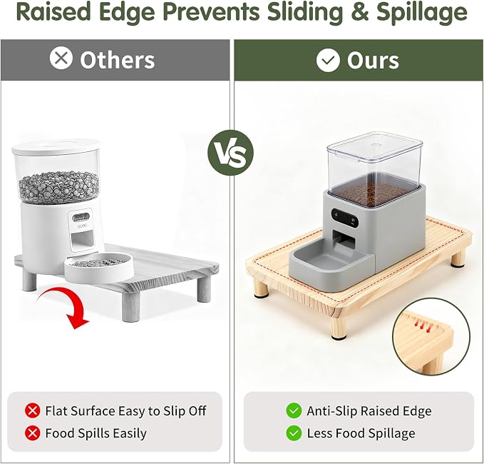 Cat Food Stand, Elevated Cat Feeding Station for Bowls & Feeders | Raised Rim Bowl Support, For Automatic Feeders & Bowls, Non-Slip Feet, Tool-Free Assembly, 15.8 x 9.8 in Wood Platform - Image 3