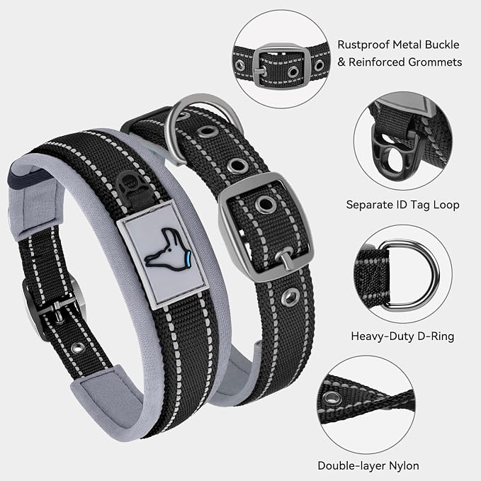 Joytale Reflective Dog Collar for Large Dogs with Wide Padding, Black | Soft Cushion Reduce Neck Strain, Night Safety Walking, Metal Buckle and Adjustable Eyelets, Separated Dog ID Tag Ring - Image 3