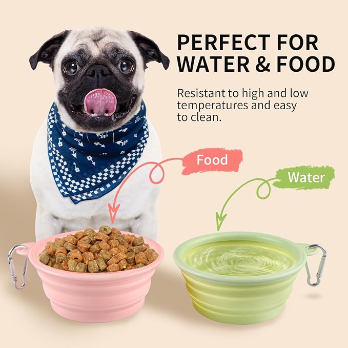 Collapsible Dog Bowls 2-Pack, Portable Travel Dog Bowl with Carabiner, Food-Grade Silicone Pet Bowl for Hiking, Walking (Macaron Pink and Green) - Image 3