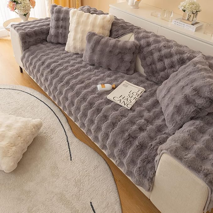 Faux Fur Couch Covers for Sofa Thick Fuzzy Sofa Covers for Dogs | Soft Warm Couch Cover Shaggy Fuzzy Sectional Sofa Cover Non-Slip Plush Sofa Slipcover Furniture Protector - Image 4
