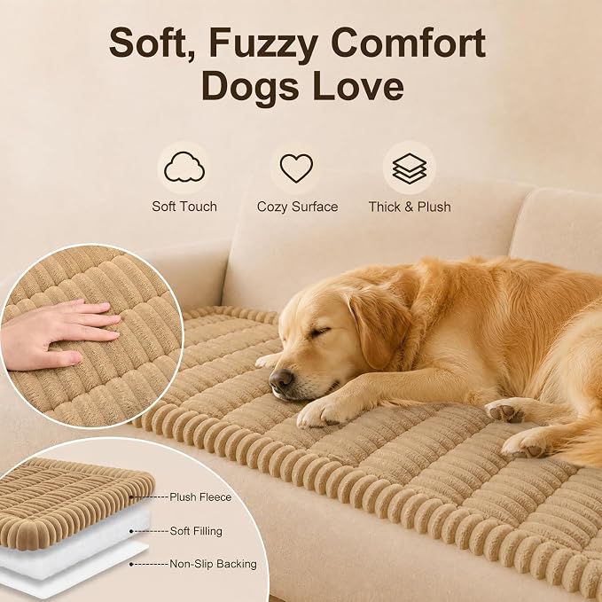 decorUhome Couch Cover for Dogs, Non Slip Fuzzy Thick Pet Sofa Protector | Pet Friendly, Machine Washable, Fits 3-Cushion Sofa, Protects Against Pet Hair & Daily Messes, Camel, 27.6" x 70.9" - Image 2