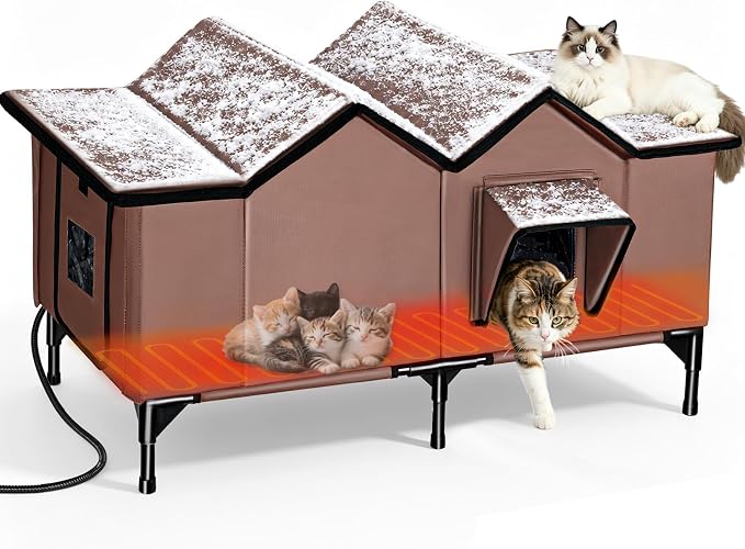 Heated Outdoor Cat House with Heating Pad, XX-Large, Brown by GUZROK