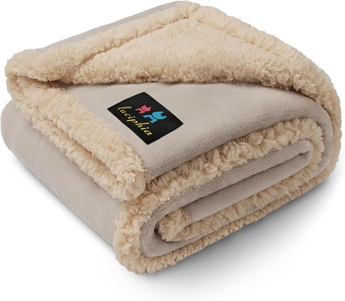 Waterproof Pet Blanket, Liquid Pee Proof Dog Blanket for Sofa Bed Couch, Reversible Sherpa Fleece Furniture Protector Cover for Small Medium Large Dogs Cats, Grey Beige Medium（57" x 40"） | waterproof pet blanket sherpa fleece reversible couch cover bed... by luciphia