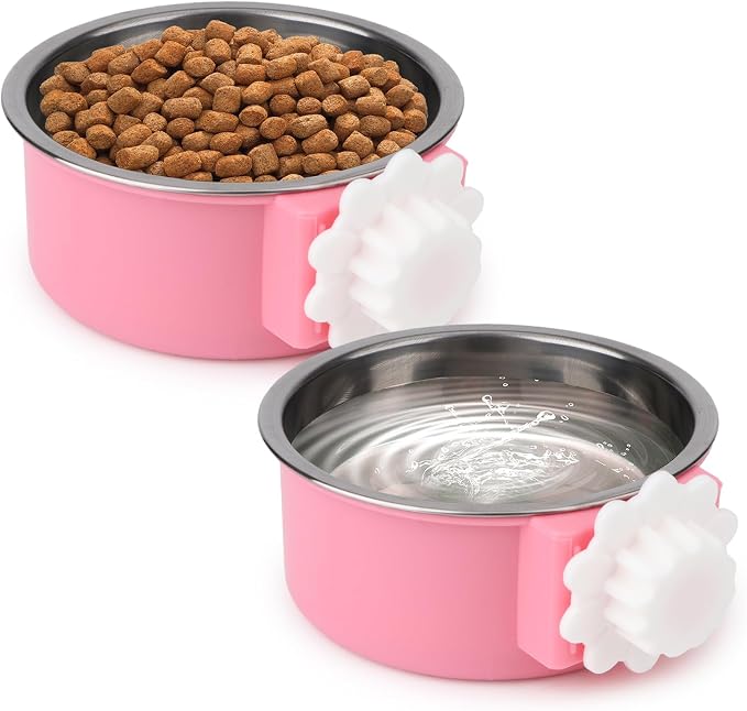 Hypeety Dog Crate Water Bowl No Spill Hanging Attachable Bowls for Kennel | Durable stainless steel, pet food dishes, with non-slip base, easy to clean, for small dogs/cats/rabbits/parrots, 2pcs, pink by Hypeety