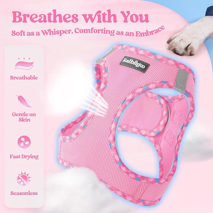 rabbitgoo Dog Harness Small Sized and Leash Set, Step-in Puppy Pet Vest | Light, Soft, Breathable Air Mesh, Easy on and Remove with Hook & Loop, Secure Reflective for Walking, Pink & Plaid Trim M - Image 3