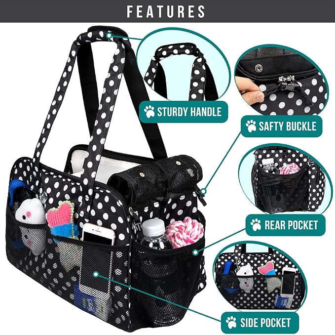PetAmi Small Dog Purse Carrier, Soft-Sided Pet Carrier Bag with Pockets, Portable Puppy Cat Travel Handbag Tote, Airline Approved Breathable Mesh, Poop Bag Dispenser, Max 18 lbs, Polka Dot Black - Image 4