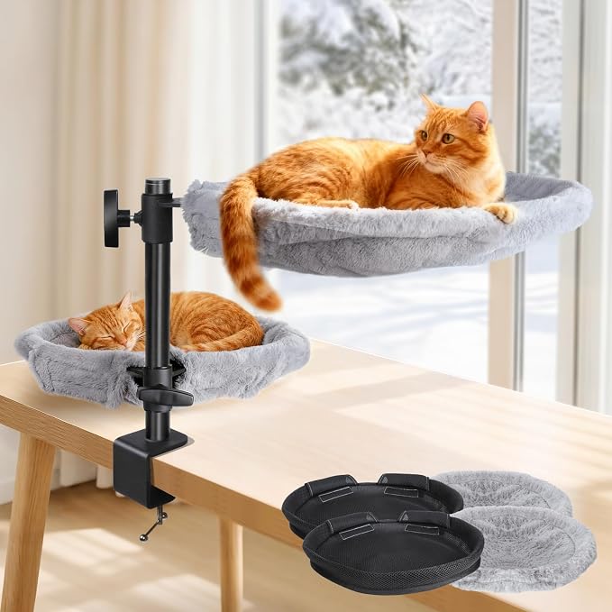 Topmart Double-Deck Cat Desk Bed with 360° Rotating & Adjustable Height | Cat Hammock for Desk with 4 Washable Pads, Kittens Bed for Desk Attachment for Home Office,Up to 45LBS, Grey & Black by Topmart