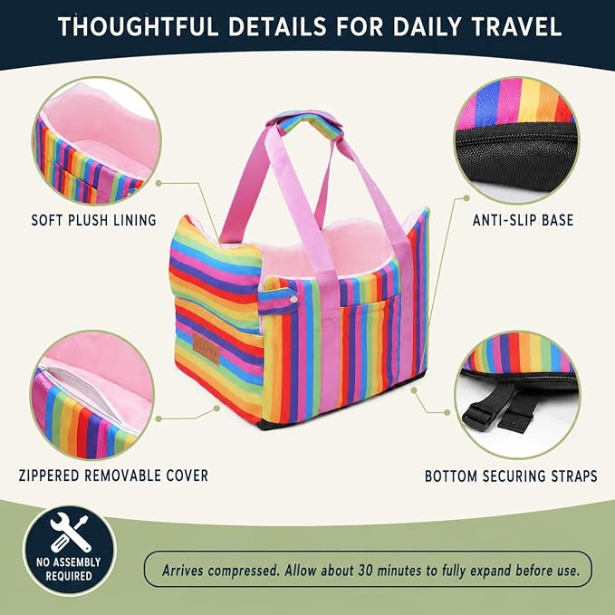 Console Dog Car Seat for Small Dogs to 15lbs (Rainbow Stripes) | Center Console Puppy Booster and Portable Travel Bed, Anti-Collapse Design with Washable Fluffy Cushion - Image 6