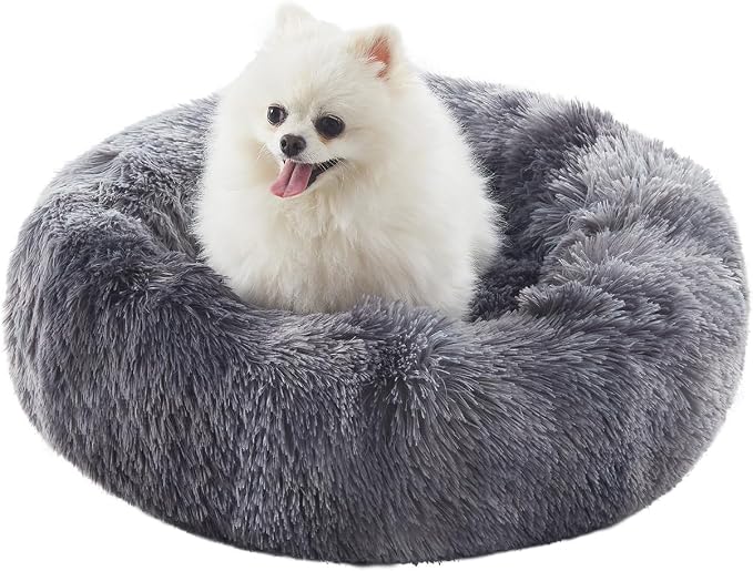 23 in Faux Fur Fluffy Donut Dog Bed for Small Dogs,Tie-dye Grey | Calming Plush Round Puppy Pet Bed with Removable & Washable Cover,Fits up to 25 lbs Pets by BedStillLoveStill