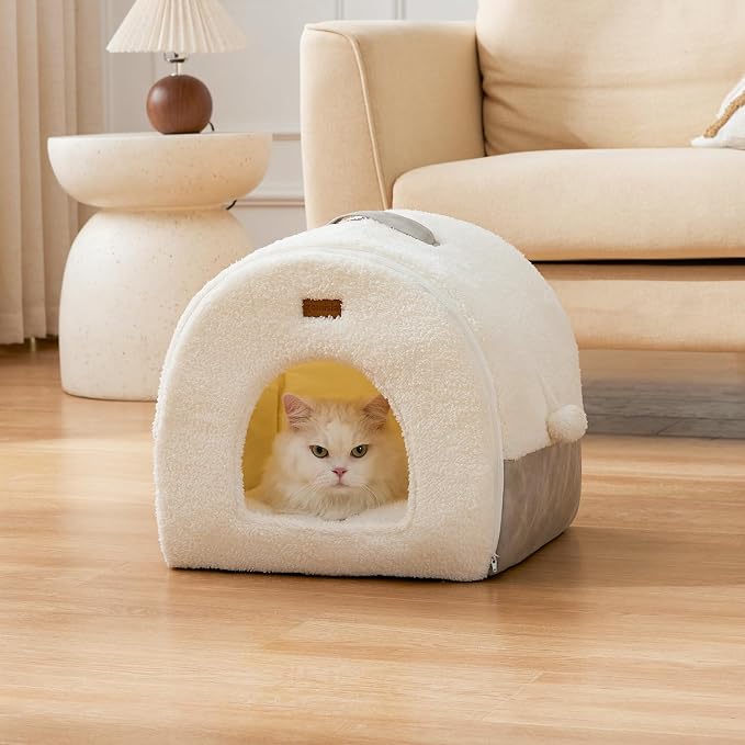ZOMISIA 2in1 Cat Bed for Indoor Cats Foldable Pet cave with Washable Pillow | 15 inch, Enclosed Cat Hideaway with Non-Slip Bottom, Cozy Cat Tent for Anxious Kitten, Easy to Assemble, with Fluffy Ball - Image 7