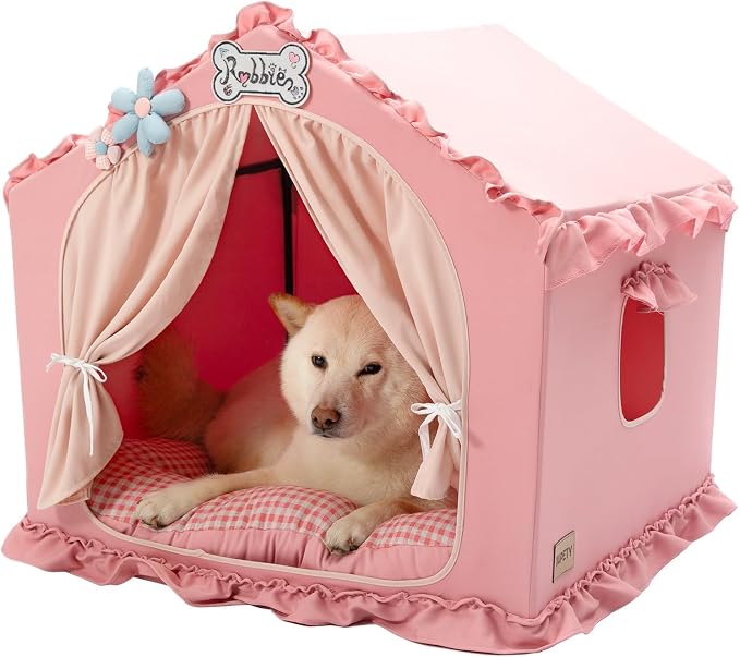 Indoor Dog House with Frame,Cute Dog Tent Bed with Cover Cave,Pink | Breathable,Washable,and Foldable House, Suitable for 22-40 Lb, Large (25"×25"×25"),Inside Dog House by JIUPETY