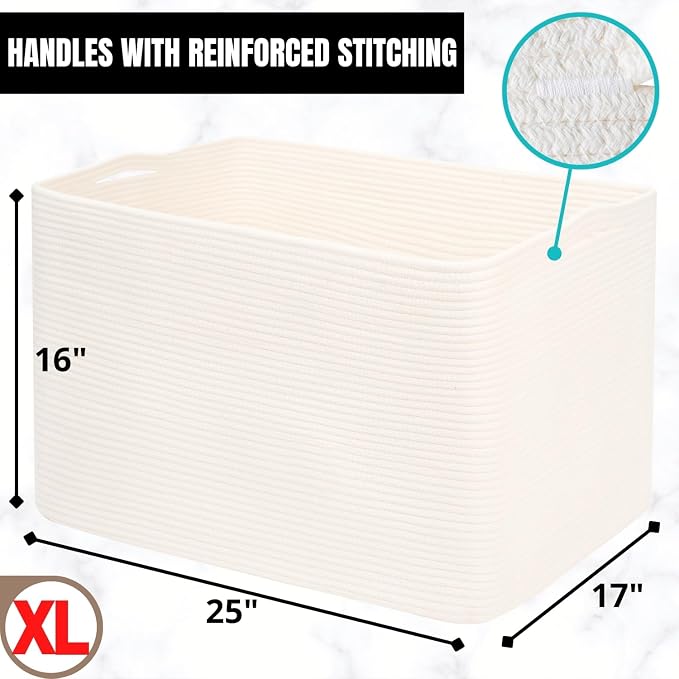MINTWOOD Design 112L Extra Large Blanket Basket Holder Living Room, 25"x17"x16" Rectangle Rope Woven Storage Basket with Handles for Laundry, Towels, Shoes, Dog Toy Organizer Bin Box, Creamy White - Image 7
