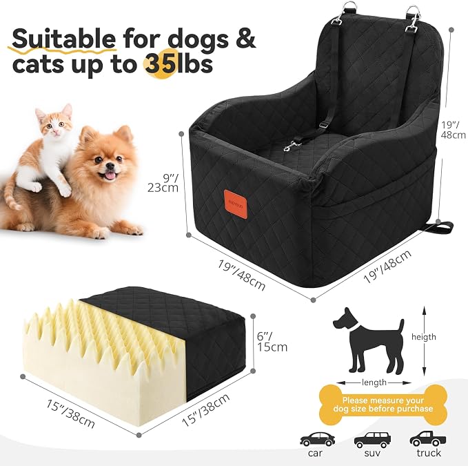 Small Dog Car Seat, Memory Foam Dog Booster Car Seats with Thick Cushion for Medium Dogs Under 35lbs, Detachable Washable Pet Carseat with Storage Pockets(Black, Medium) - Image 2