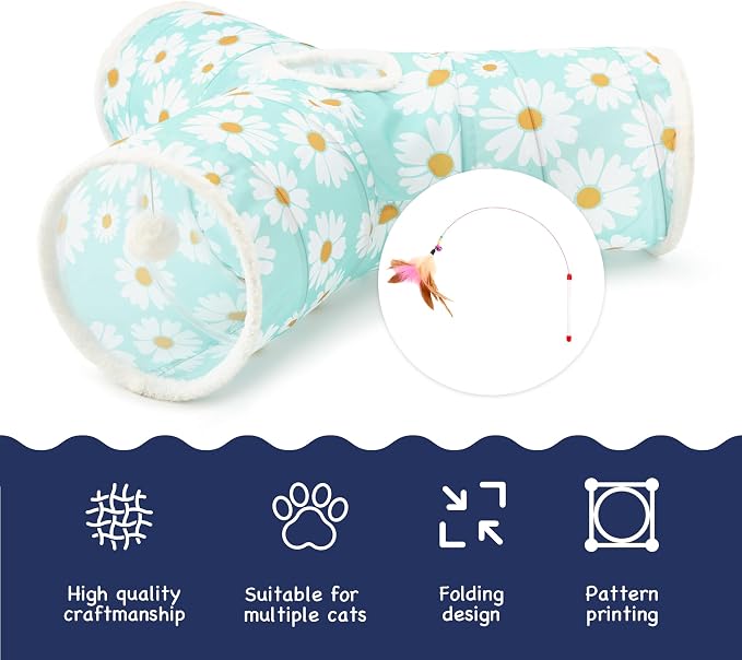 Tempcore Cat Tunnel for Indoor Cats, 3 Way Collapsible Pet Play Tunnel with Teaser Wand, Peek Holes & Hanging Ball, Interactive Tube for Kittens & Rabbits, Daisy Blue Printed - Image 7