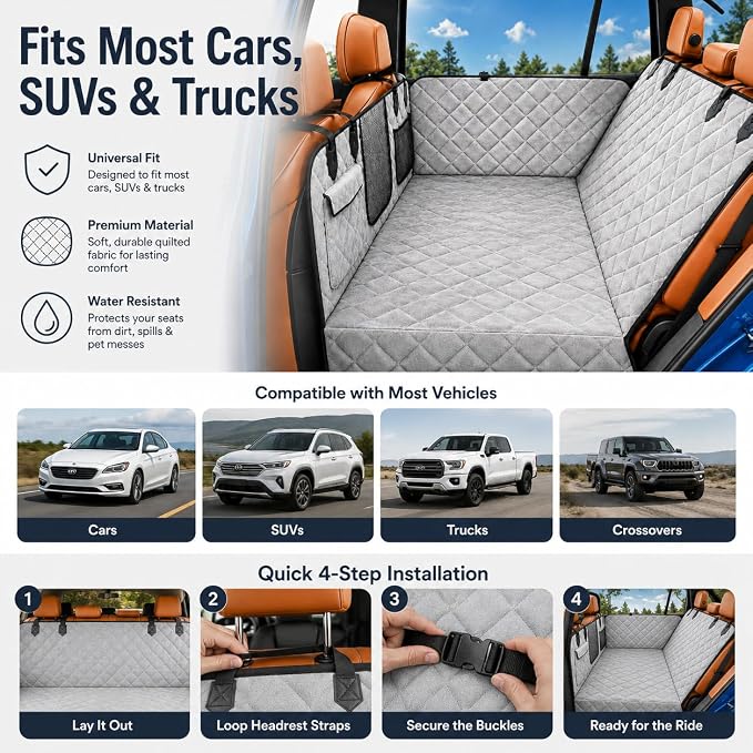 IJVAE Truck Dog Seat Cover for Back Seat, Gray Flannel Hard Bottom Back Seat Extender Holds Up to 500 lbs, Waterproof Backing, Nonslip Dog Hammock for Full-Size Pickup Trucks - Image 6