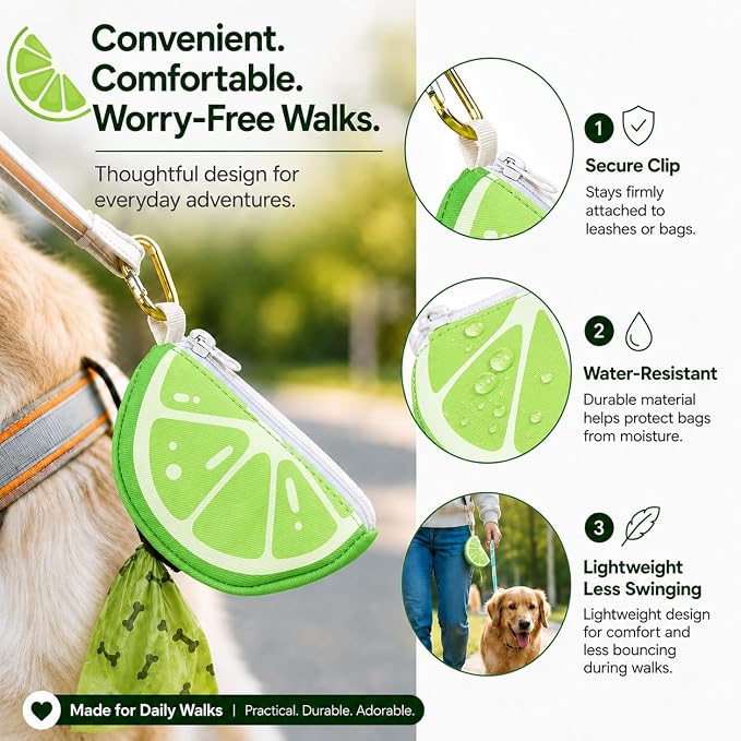 Dog Poop Bag Holder for Leash Lime Shape Pet Outdoor Accessory | Thin Lightweight Dog Waste Bag Carrier with Storage Pouch, Leash Attachment for Walking, Travel, Beach - Image 3