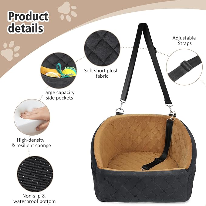 NEEZUKAR Dog Car Seat for Small Medium Dogs,Detachable Washable Dog Booster Seat Under 30lbs, Pet Car Seat Travel Bed with Storage Pockets and Dog Safety Belt(Black/Brown) - Image 4