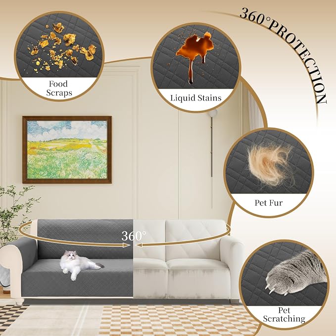 Velvet 100% Waterproof Couch Cover for Dogs Washable Sofa Covers for 3 Cushion Couch Pet Friendly Sofa Slipcovers Set Non Slip Quilted Furniture Protector with Pockets (Large, Dark Grey) - Image 5