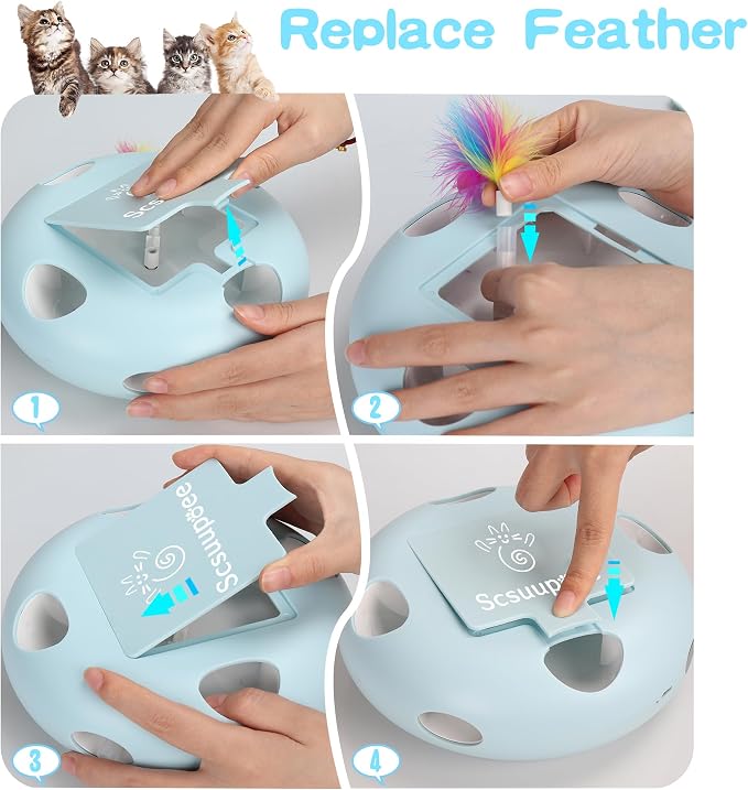 Rechargeable Interactive Cat Toy, Blue | Smart Sensor Pop-Up Feather Toy, 7 Holes, USB Powered Automatic, For Indoor Cats - Image 6