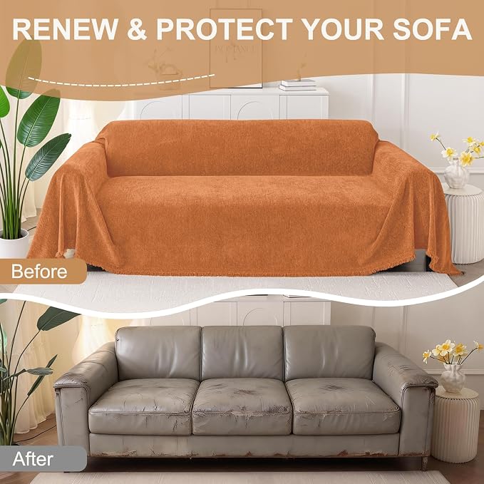 Smiry Couch Cover for Dogs, Chenille Sofa Covers for 3 Cushion Couch | Washable Soft Sofa Slipcover for Pets, Thick Sectional Furniture Protector with Tassels (Orange, 71x102 Inch) - Image 8