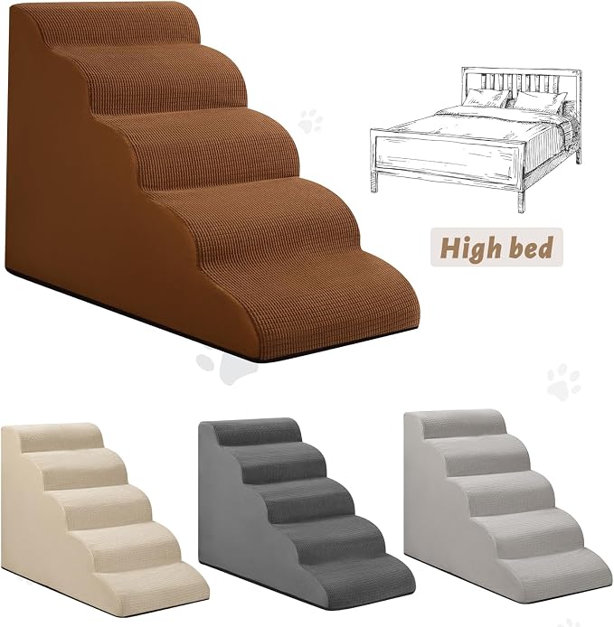 Aodisman Dog Stairs for High Bed,5-Step Pet Ramp for Small Dogs and Cats | 22.2" H Dog Steps for Bed with High-Density Foam, Help Olders,Short-Legged Dogs,Puppy and Cats Get on Beds Easily,Grey,Brown - Image 3