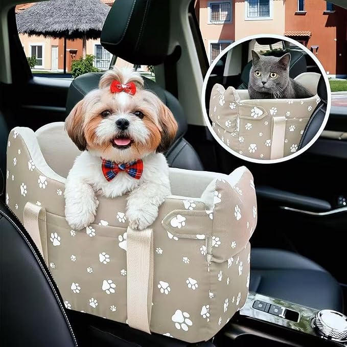 Dog Car Seat for Small Dogs (Under 15 lbs) – Center Console Pet Carrier with Safety Belt, Storage Pockets & Removable Washable Cover (Khaki Car Seat) - Image 2