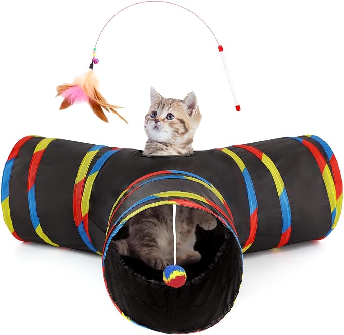 Tempcore Cat Tunnel for Indoor Cats, 3 Way Collapsible Pet Play Tunnel with Teaser Wand, Peek Holes & Hanging Ball, Interactive Tube for Kittens & Rabbits, Black & Rainbow by Tempcore