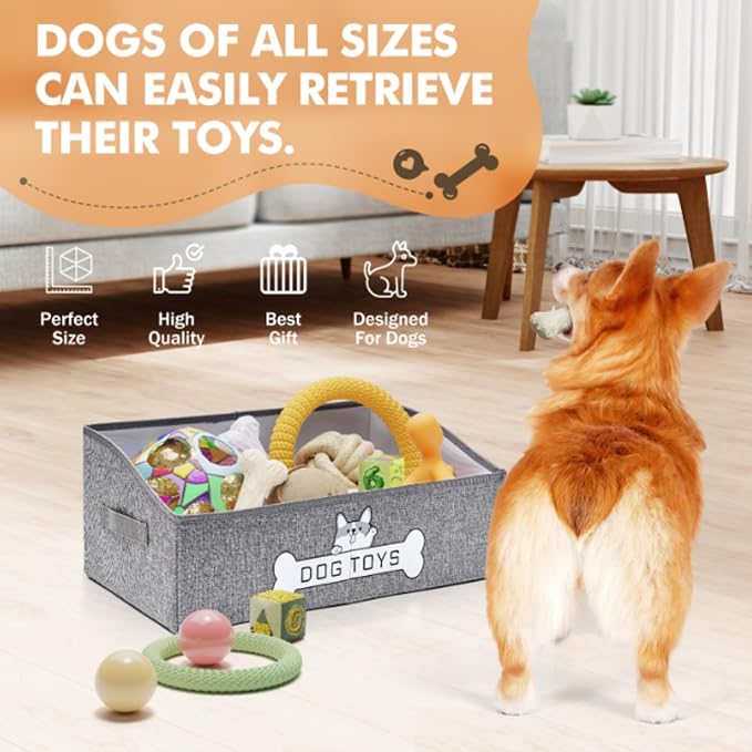 Dog Toy Basket, Specially Designed for Dog Toy Storage, Collapsible Dog Toy Box with Handle，Perfect for Storing Pet Toys and Accessories - Grey - Image 3