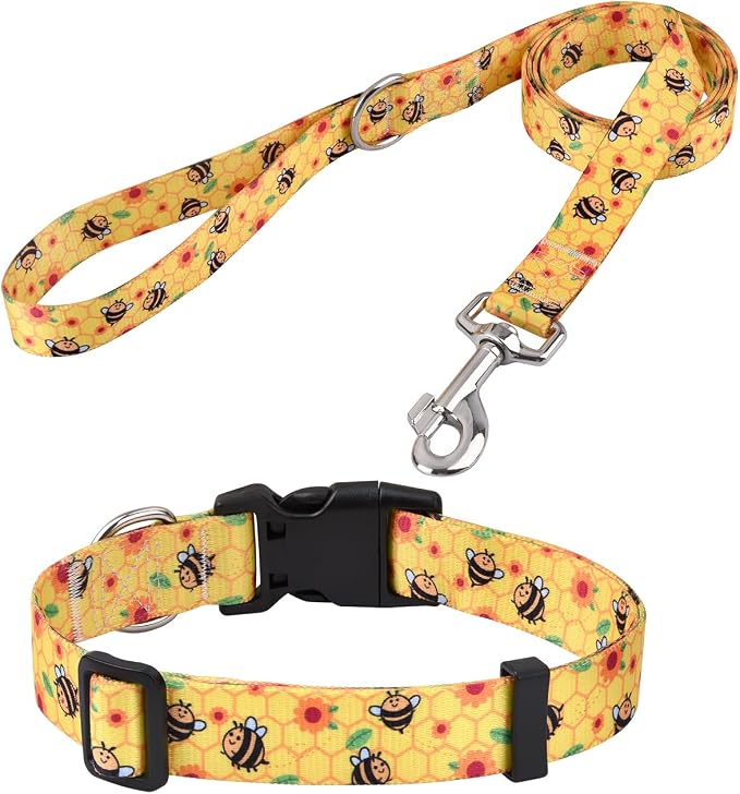 Mihqy Dog Collar and Leash Set, for Small Dogs, Bee Set,XS | with Fashion Patterns, Adjustable for Small Medium Large Dogs, Comfortable for Walks and Outdoor Hikes by Mihqy